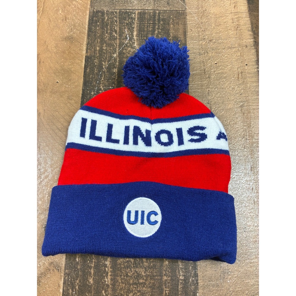 UIC Flames University of Illinois at Chicago Knit Beanie Pom Hat Blue Red White